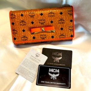 💕MCM Visetos Congnac & Orange Trifold Long Wallet and 47 inch Crossbody Chain💕